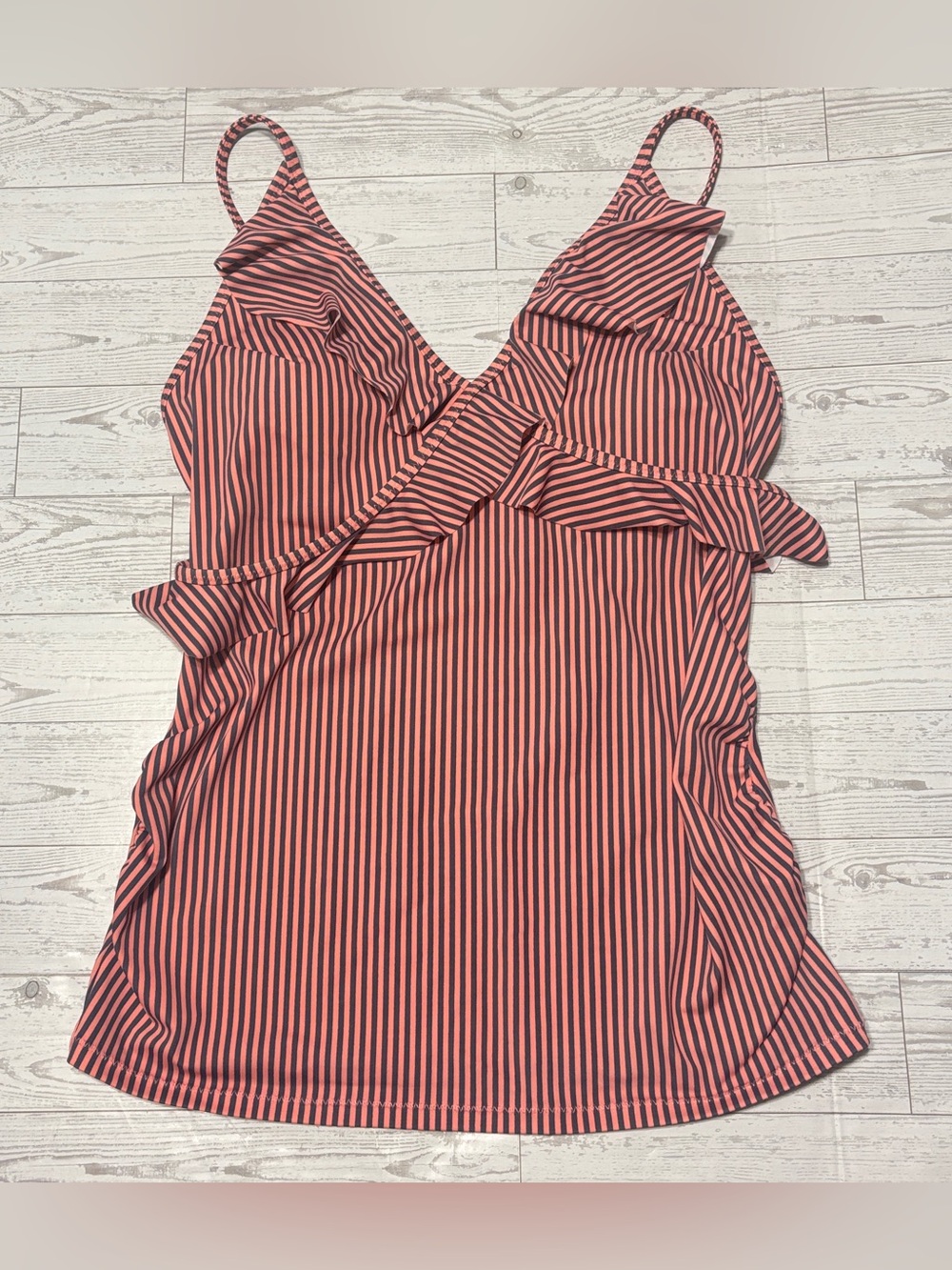 Motherhood Maternity Striped Pink and Gray Ruffle Front Tankini Swim Top Size M